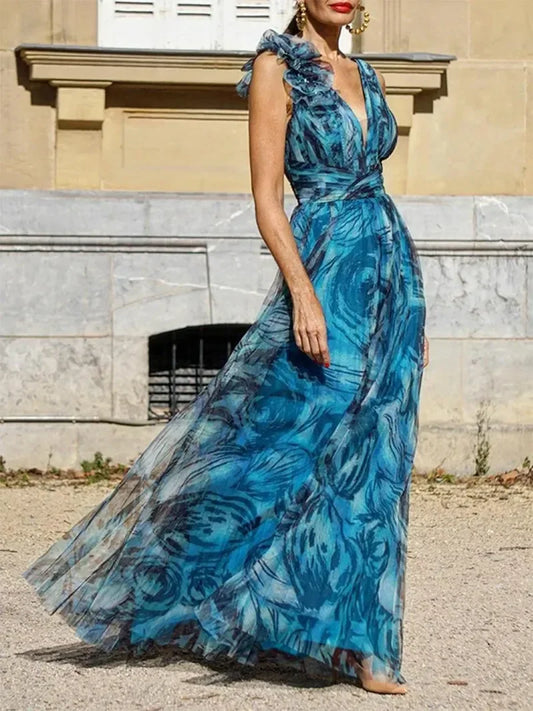 Debie -Böhmisches langes Kleid im Pfauenstil blau