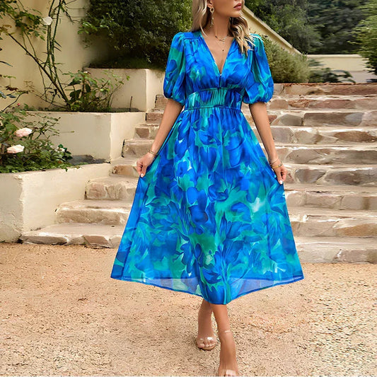 Modernes Midi-Kleid für Damen mit Blumenmuster und kurzen Puffärmeln