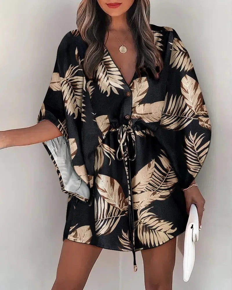 Rosabella - Sommermode fliegende Ärmel V-Ausschnitt Hemdkleid