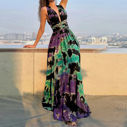 Corrine - Elegantes, tiefes, langes Kleid mit V-förmigem Band