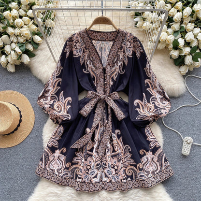 Kornelia - Elegantes Vintage Print Minikleid mit Puffärmeln in A-Linie mit V-Ausschnitt