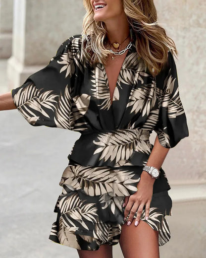 CM | Print Frontier unabhängige Station Mode klassisch explosiv Herbst Fledermausärmel V-Ausschnitt Saum unregelmäßig Kleid Damen Kleid