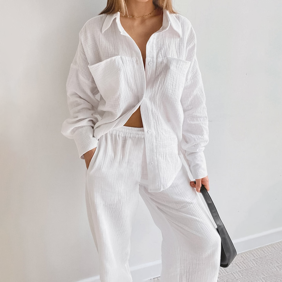Angela - Weißes, bequemes Herbst-Baumwoll-Set für Frauen