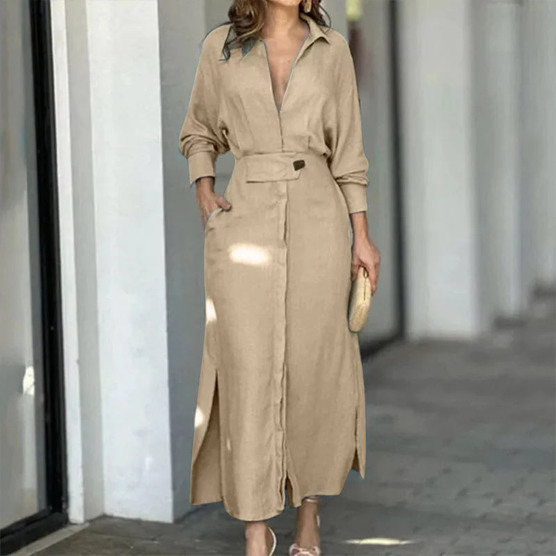 Amytist -Elegantes langärmeliges Damenkleid mit Seitenschlitz