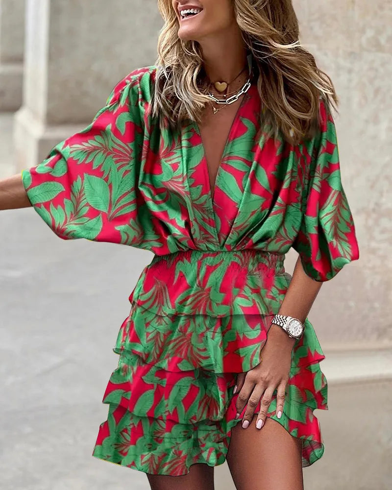 CM | Print Frontier unabhängige Station Mode klassisch explosiv Herbst Fledermausärmel V-Ausschnitt Saum unregelmäßig Kleid Damen Kleid