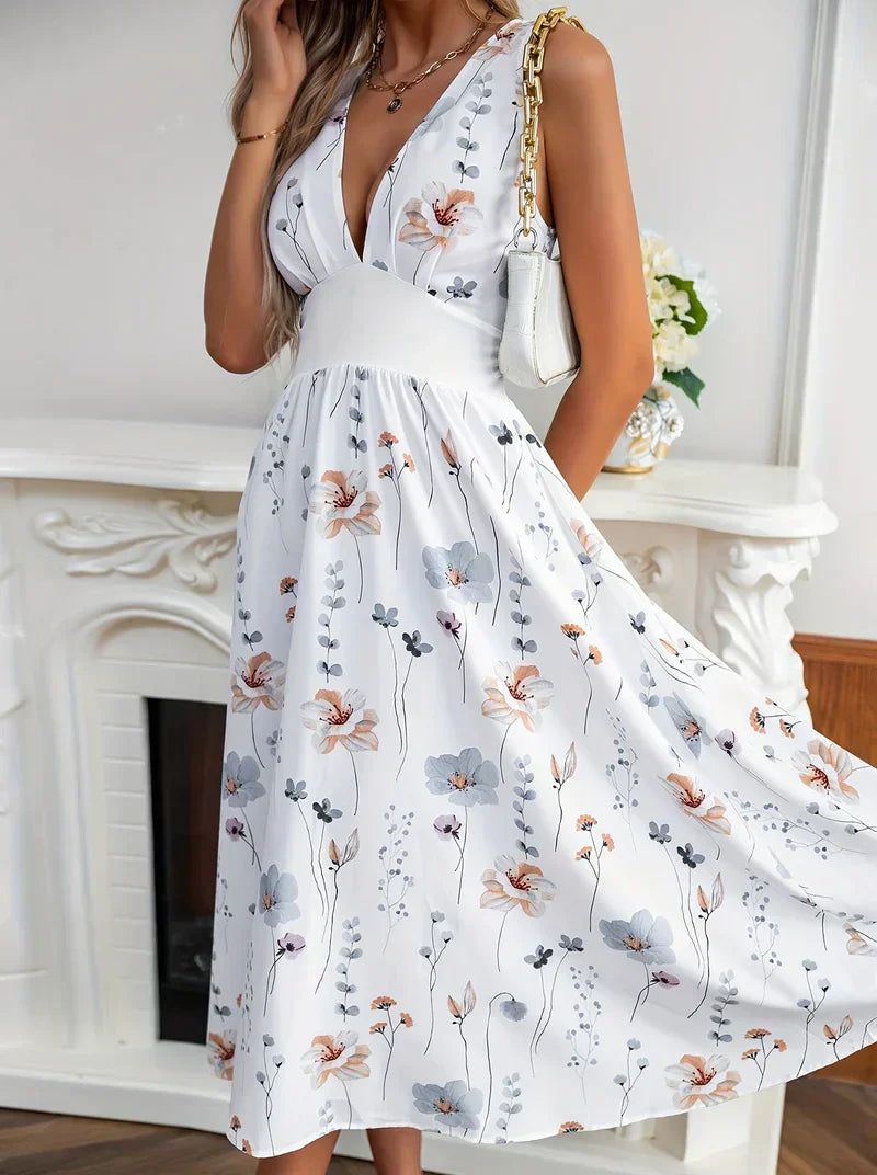 Elegantes Kleid mit Blumendruck und V-Ausschnitt