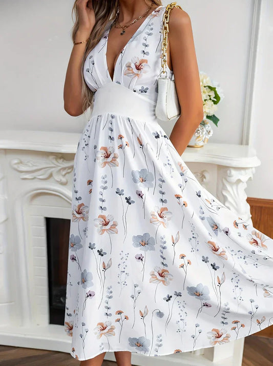 Elegantes Kleid mit Blumendruck und V-Ausschnitt