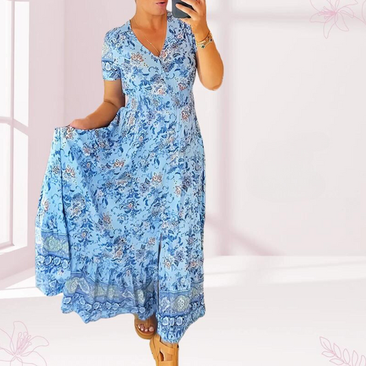 Jewel - Lässiges langes Kleid mit floralem Muster und geraffter Taille mit V-Ausschnitt