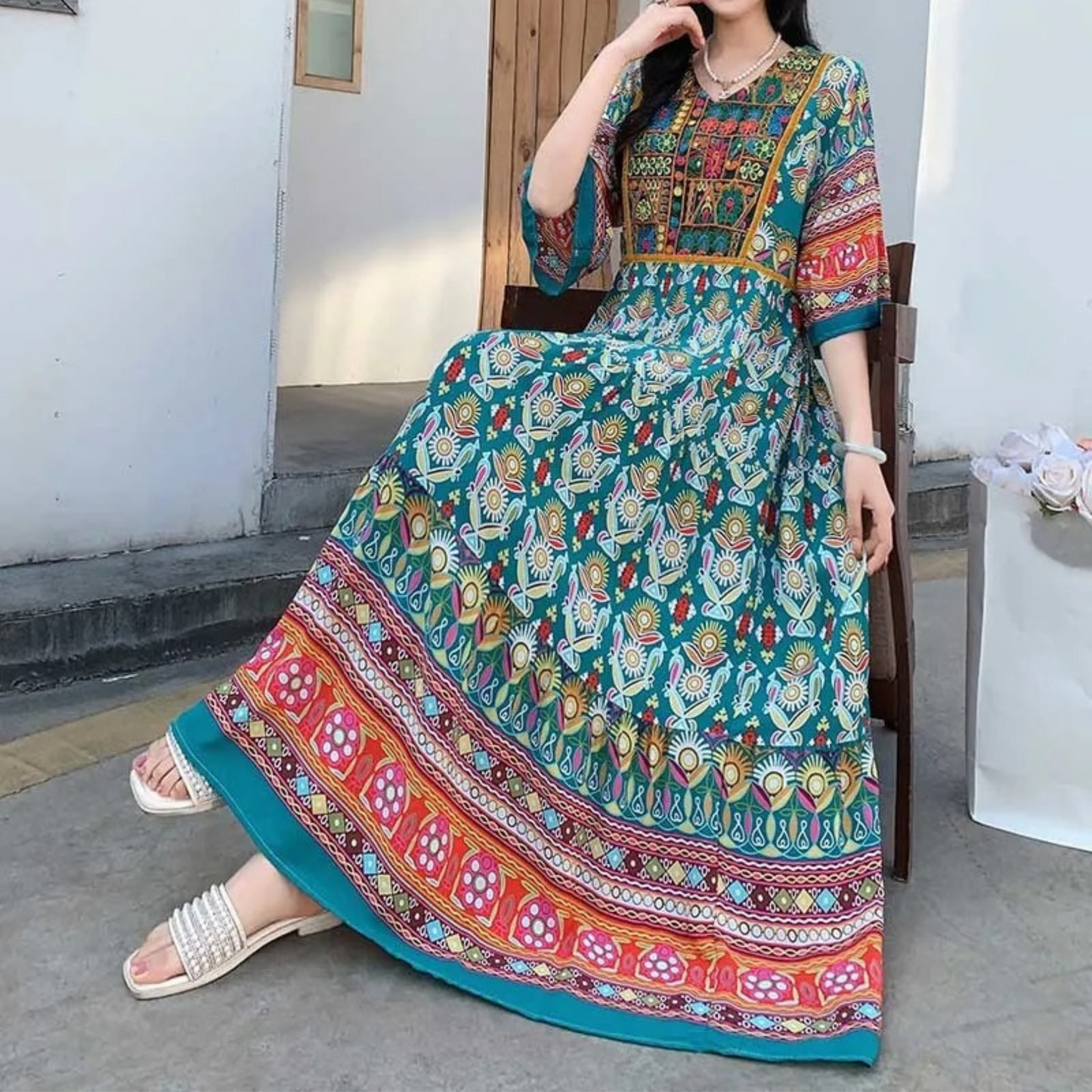 Athena - Elegantes langes Kleid mit Druck