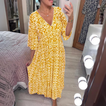 Joelina -Böhmisches Kleid mit V-Ausschnitt und Falten in der Taille