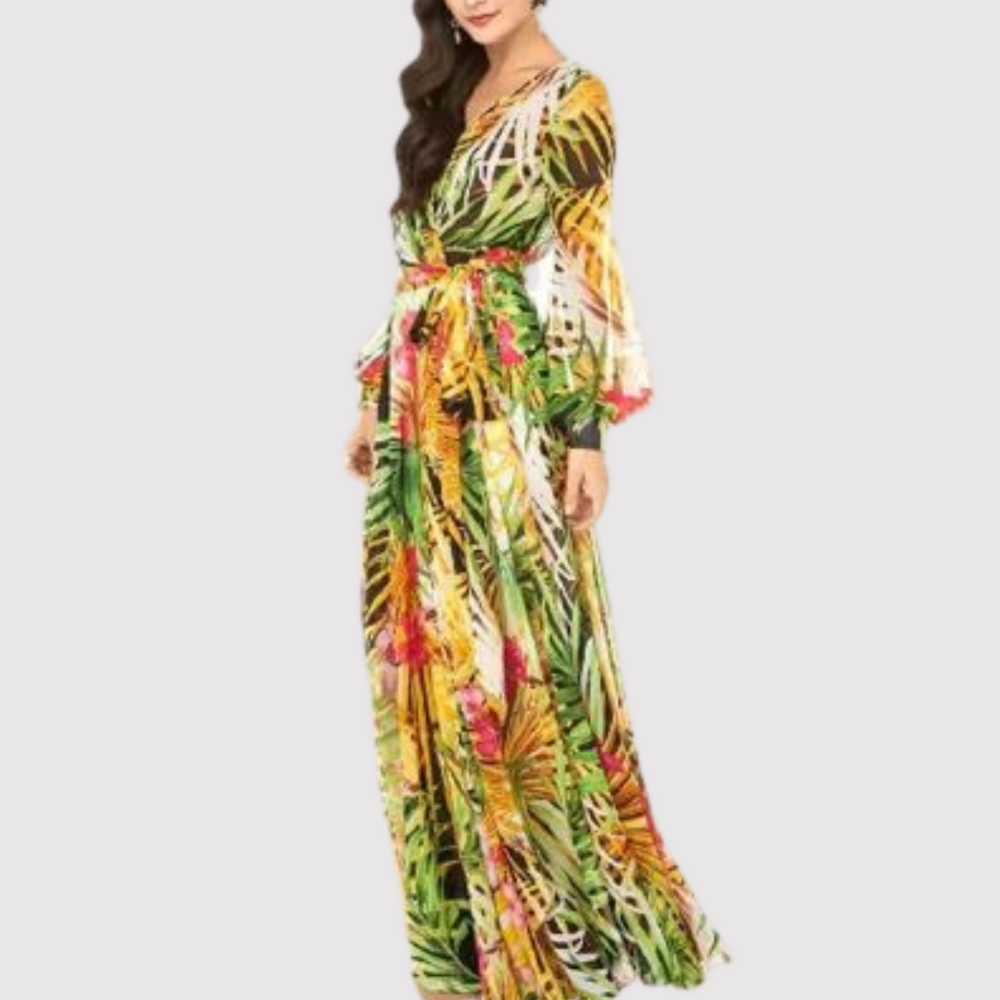 Evarine - Langes Damenkleid mit V-Ausschnitt und Laternenärmeln