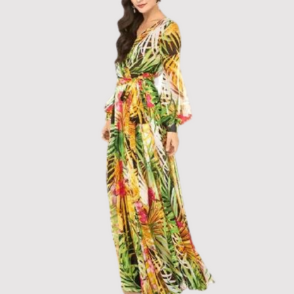 Evarine - Langes Damenkleid mit V-Ausschnitt und Laternenärmeln