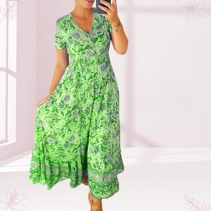 Jewel - Lässiges langes Kleid mit floralem Muster und geraffter Taille mit V-Ausschnitt