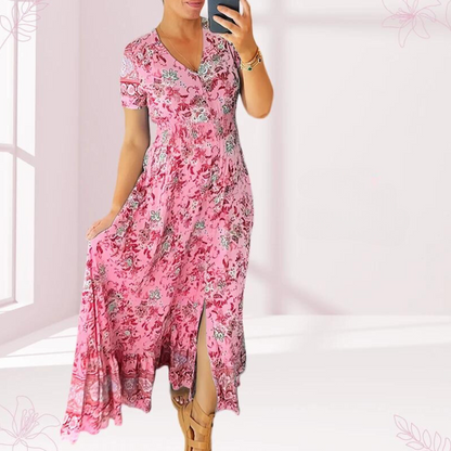 Jewel - Lässiges langes Kleid mit floralem Muster und geraffter Taille mit V-Ausschnitt