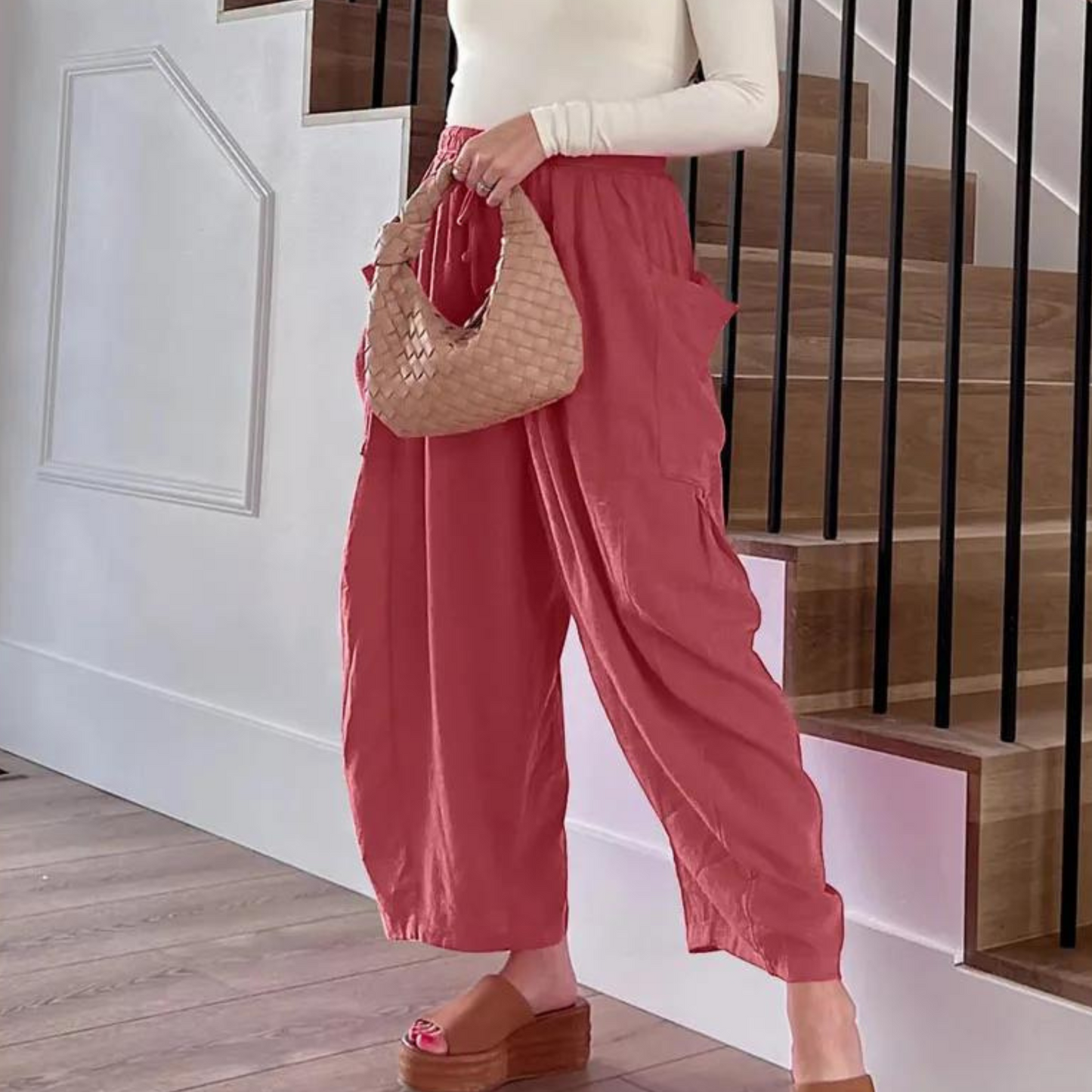 Weite Hose aus Baumwolle und Leinen mit Gummibund und Taschen