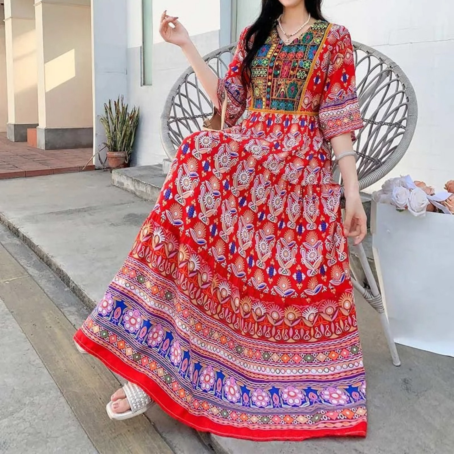 Athena - Elegantes langes Kleid mit Druck