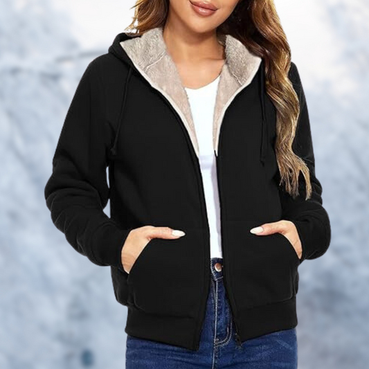 Helena - Schwarze Kapuzenjacke aus Lammwolle für Frauen