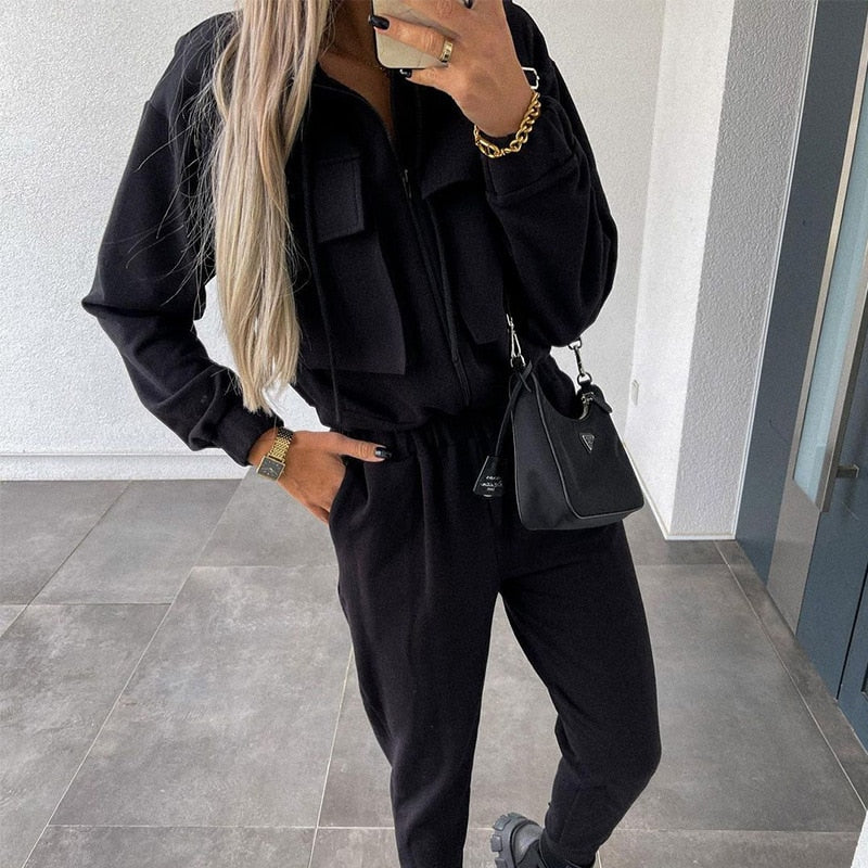 Herbst Casual Cargo Set | Damenmode Trainingsanzug | Langarm Reißverschluss Jacke & Hose