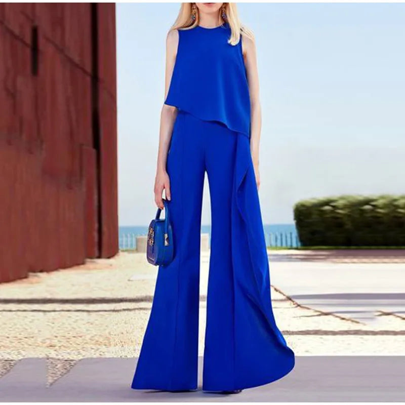 Casual ärmellose gerade geschnittene Hose mit schmaler Vorderseite und weiten Beinen für Frauen