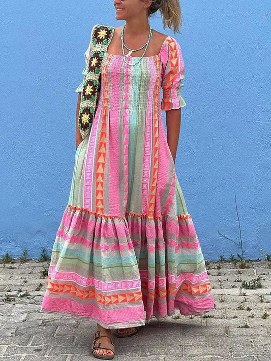Genevieve - Gestreiftes, bedrucktes und plissiertes Maxikleid aus Patchwork