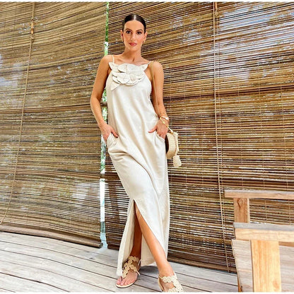 Marinelle - Maxikleid mit Schlitz und Taschen aus Leinenmischung mit Blumenmuster