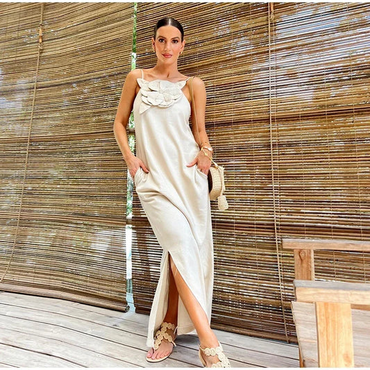 Marinelle - Maxikleid mit Schlitz und Taschen aus Leinenmischung mit Blumenmuster