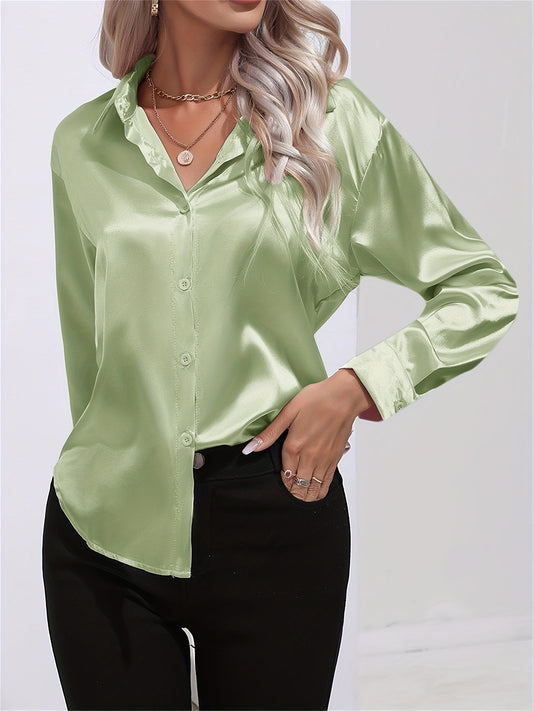 Satinbluse mit langen Ärmeln, Reverskragen und leichtem Stoff
