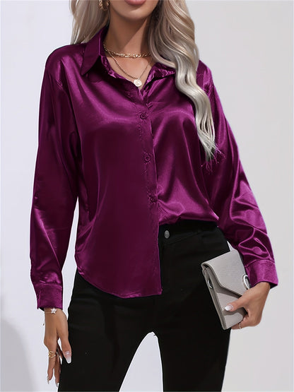 Satinbluse mit langen Ärmeln, Reverskragen und leichtem Stoff