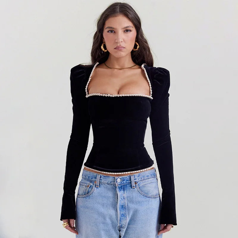 Keny - Schwarze Vintage-Bluse aus Samt