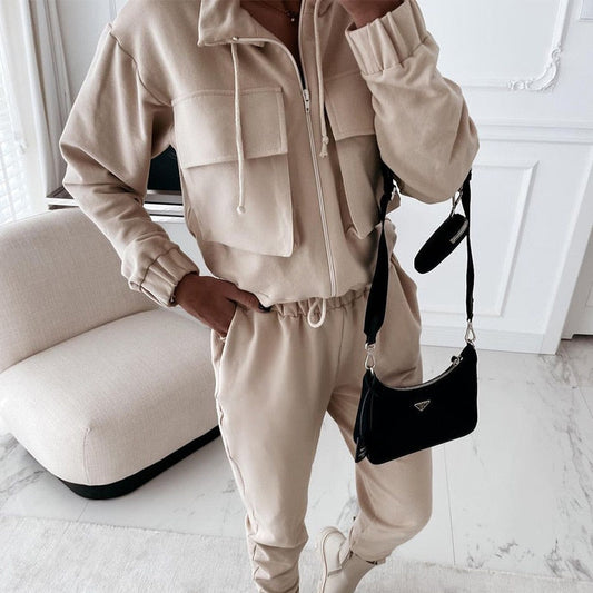 Herbst Casual Cargo Set | Damenmode Trainingsanzug | Langarm Reißverschluss Jacke & Hose
