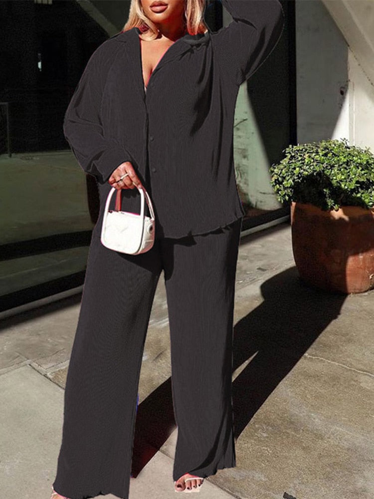 Langärmliges Hemd und weite Hose | Elegantes zweiteiliges Bekleidungsset für Damen