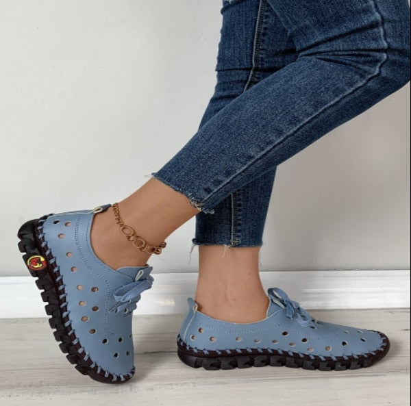 Damen weiches Leder hohle Schnürschuhe flach