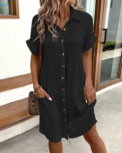 CM | Vintage Women's Plain Mini Dress Sommer Mode V-Ausschnitt Drei Ärmel Baumwolle Leinen Kleid Damen Casual Holiday Vestidos