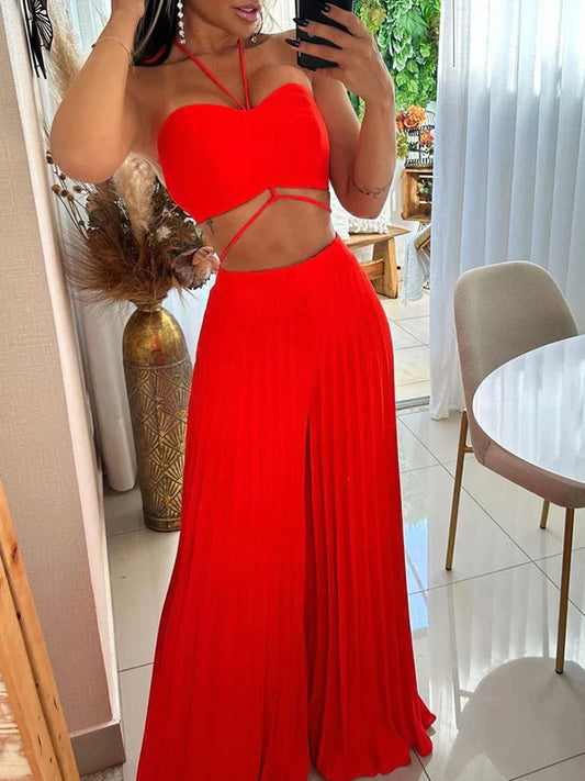 Laarnie - Verführerisches rotes Crop-Top und plissierte Hose mit weitem Bein