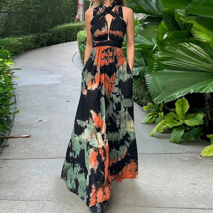 Corrine - Elegantes, tiefes, langes Kleid mit V-förmigem Band