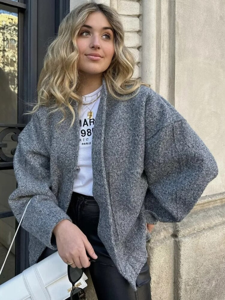 Oversized Jacken | Damen Langarm Top Coats: Versteckte Knöpfe, Rundhals