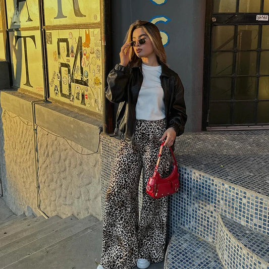 Weite Vintage-Hose mit Leoparden-Print für Damen