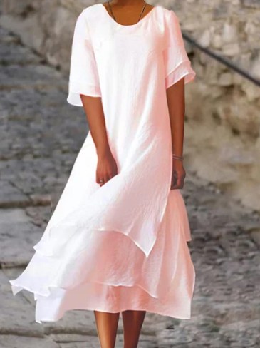 Roselle - Kleid mit Rundhalsausschnitt und kurzen Ärmeln aus doppellagiger Baumwolle und Leinen