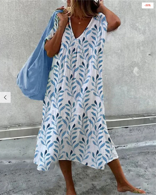 Damen-V-Ausschnitt-Kleid mit Blatt-Print
