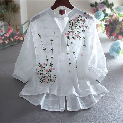 Bluse mit Blumenmuster - Knopfleiste und Stehkragen