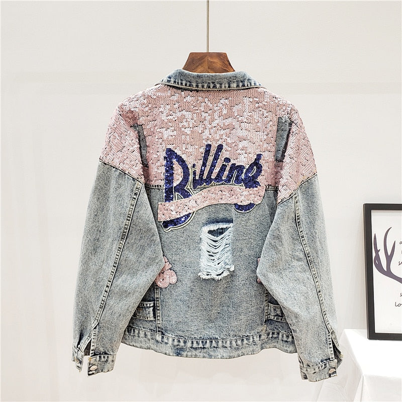 Übergroße Jeansjacke mit Glitzer