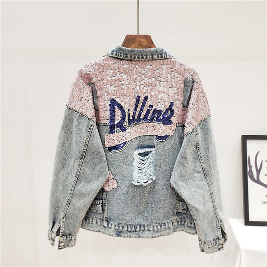 Übergroße Jeansjacke mit Glitzer