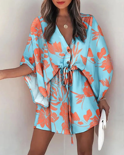 Rosabella - Sommermode fliegende Ärmel V-Ausschnitt Hemdkleid