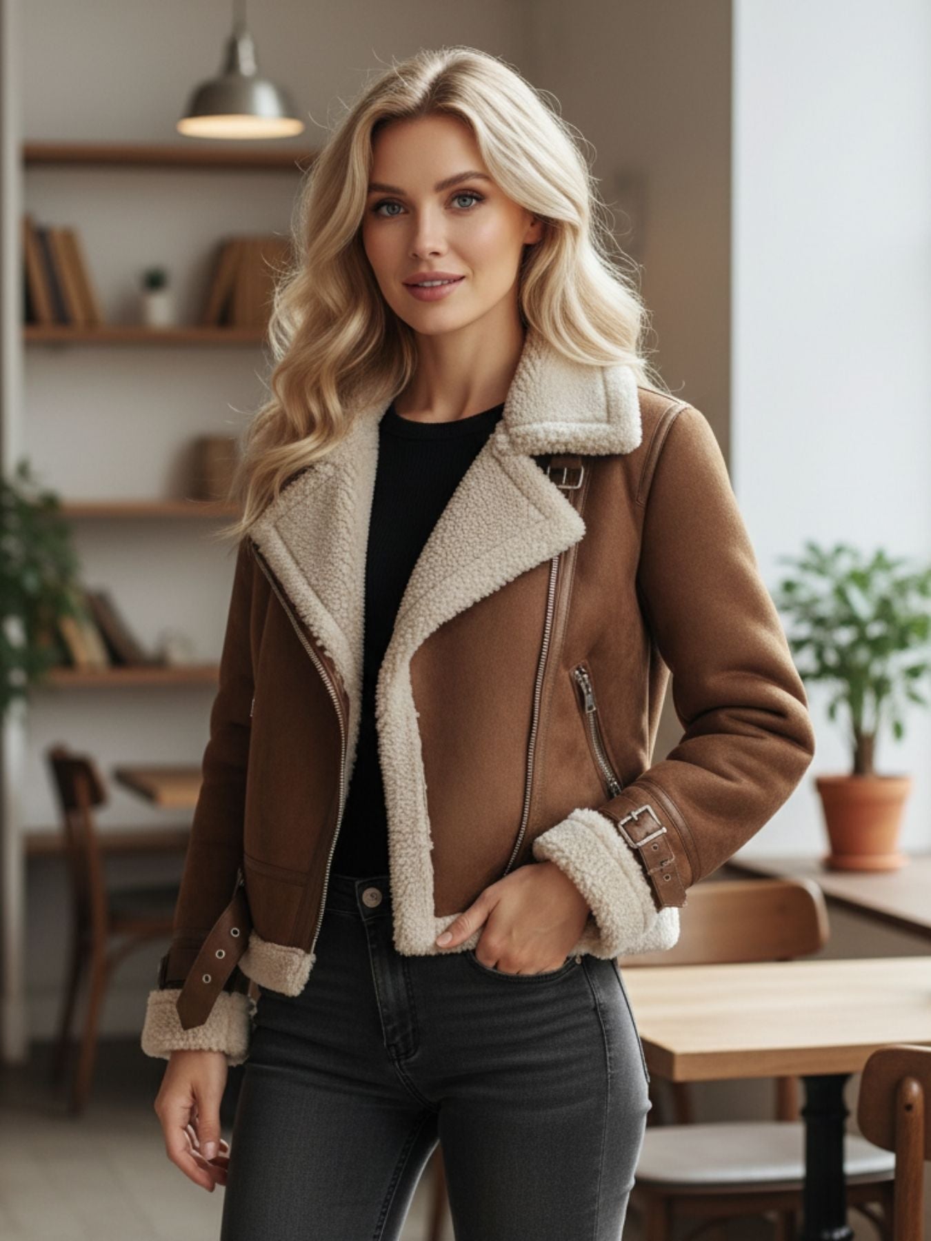 Selena | Schicke und warme Damenlederjacke mit Sherpa-Futter