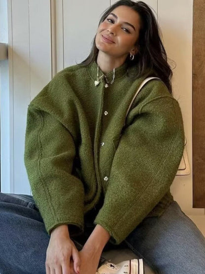 Oversized Jacken | Damen Langarm Top Coats: Versteckte Knöpfe, Rundhals