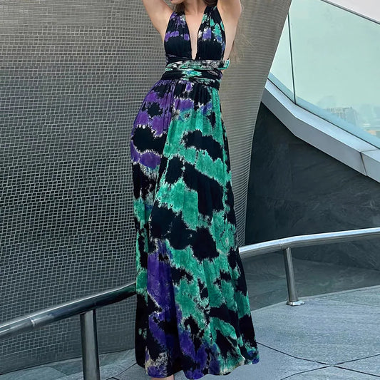 Corrine - Elegantes, tiefes, langes Kleid mit V-förmigem Band