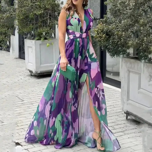 Eleana -Elegantes ärmelloses Maxikleid mit V-Ausschnitt, Drapierungen und taillierter Passform