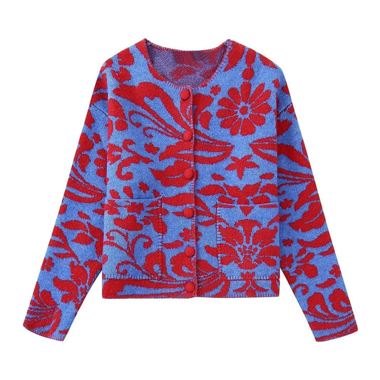 Vintage-Jacquard-Strickjacke mit Blumenmuster für Frauen