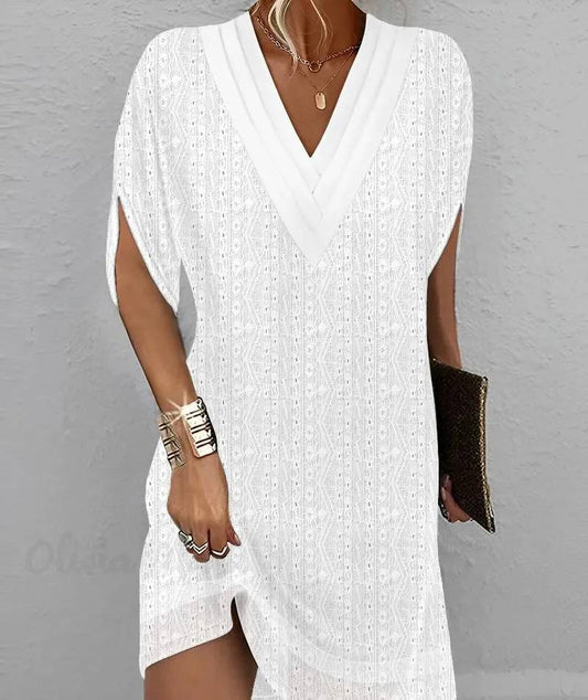 Soleya - Damen-Kleid mit V-Ausschnitt und gestickten Ösen, mittellange Ärmel