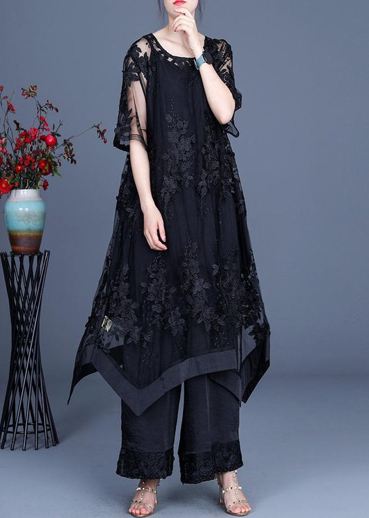 Sommer-Schwarzes-Kleid-Weites-Pfeifen-Hose-Strumpfhalter-Rock-Dreiteiliges Set